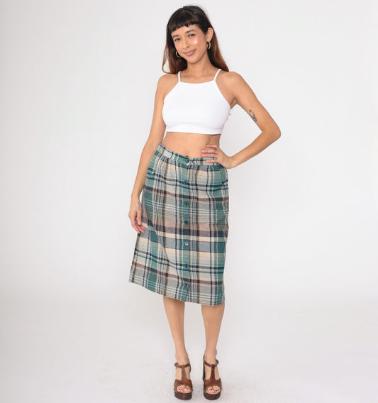 70s Hunter Sportswear Plaid Midi Skirt High Waist A-Line Button Front Teal Beige Medium