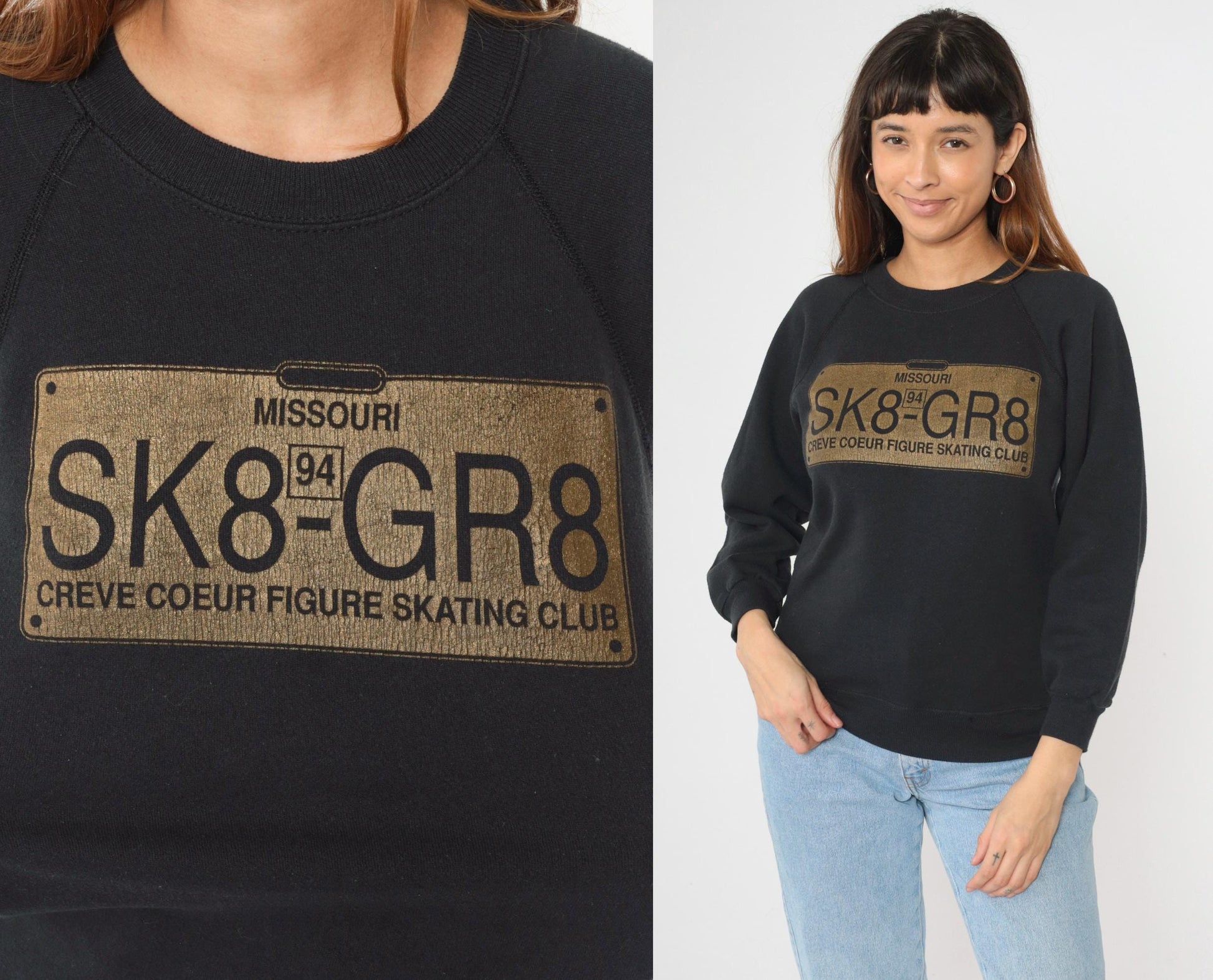1994 Creve Coeur Figure Skating Club Sweatshirt SK8-GR8 Black Raglan Small