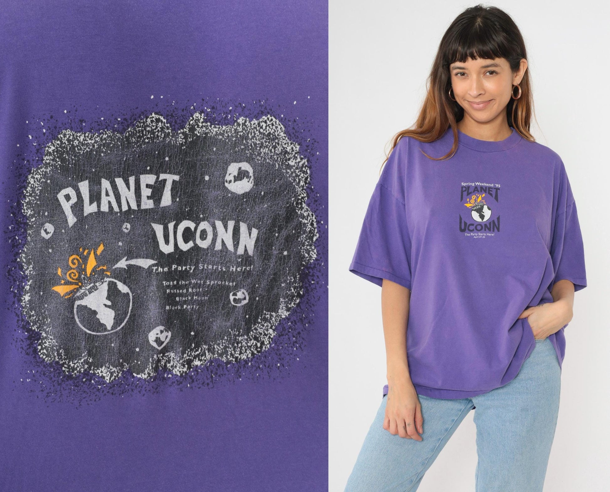 1995 UConn Spring Weekend Planet Graphic T-Shirt Purple Cotton XXL