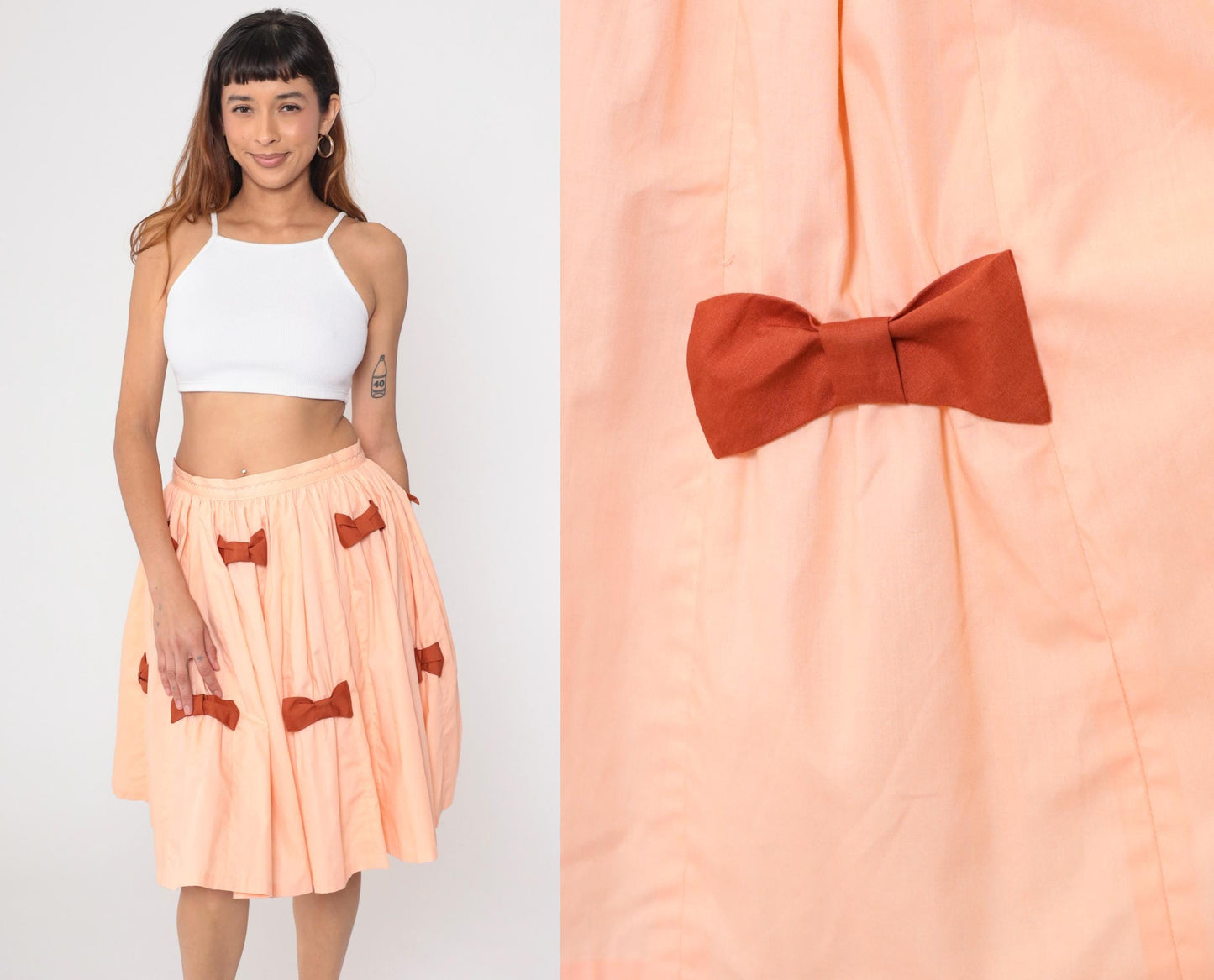 1970s Peach Full Circle Midi Skirt High Waisted Brown Bow Medium