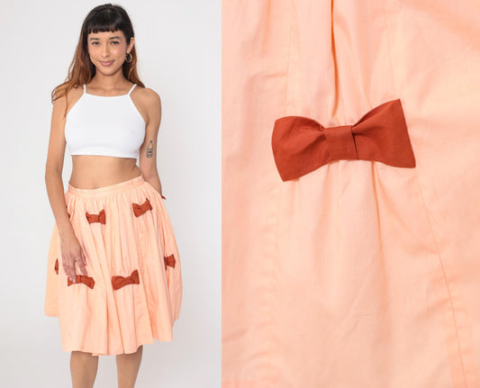 1970s Peach Full Circle Midi Skirt High Waisted Brown Bow Medium