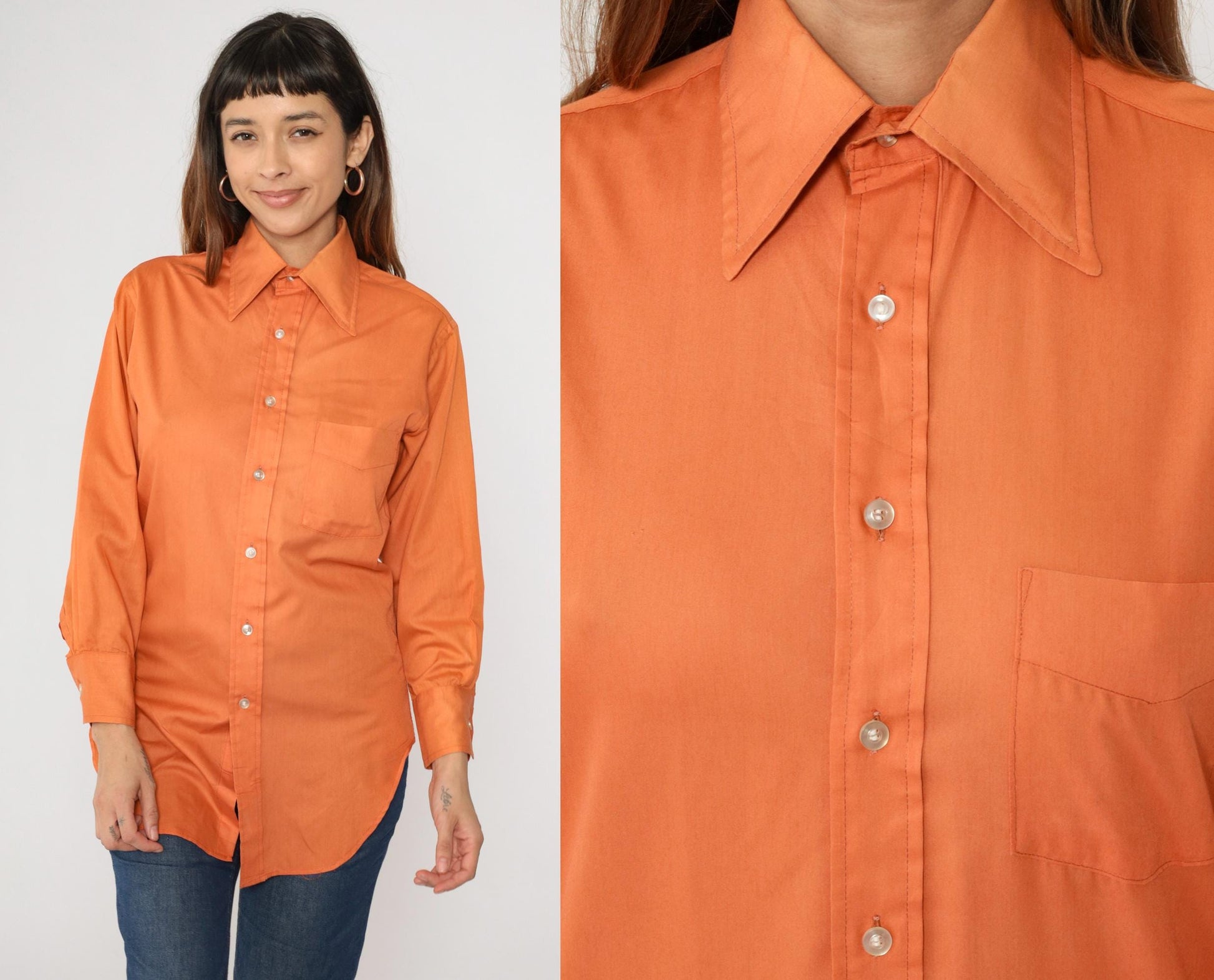 70s Orange Dagger Collar Button-Up Shirt Long Sleeve Men's Small
