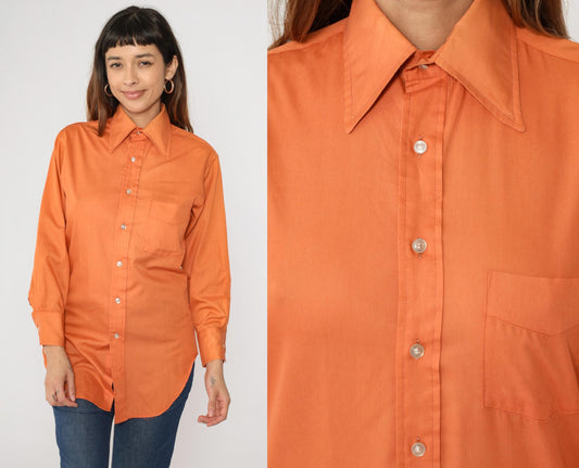 70s Orange Dagger Collar Button-Up Shirt Long Sleeve Men's Small