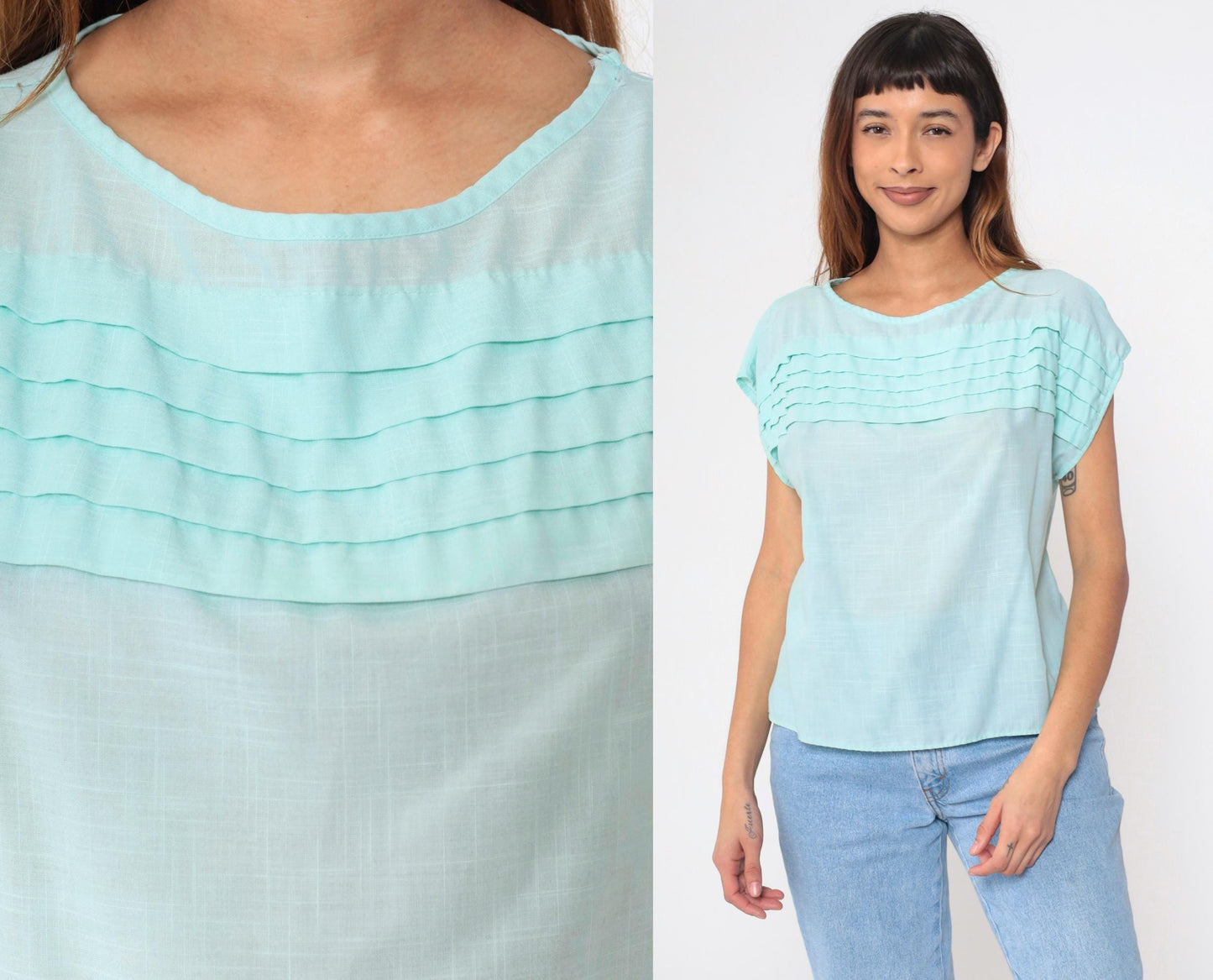 80s Angela Pellina Aqua Cap Sleeve Blouse Pleated Chest Medium