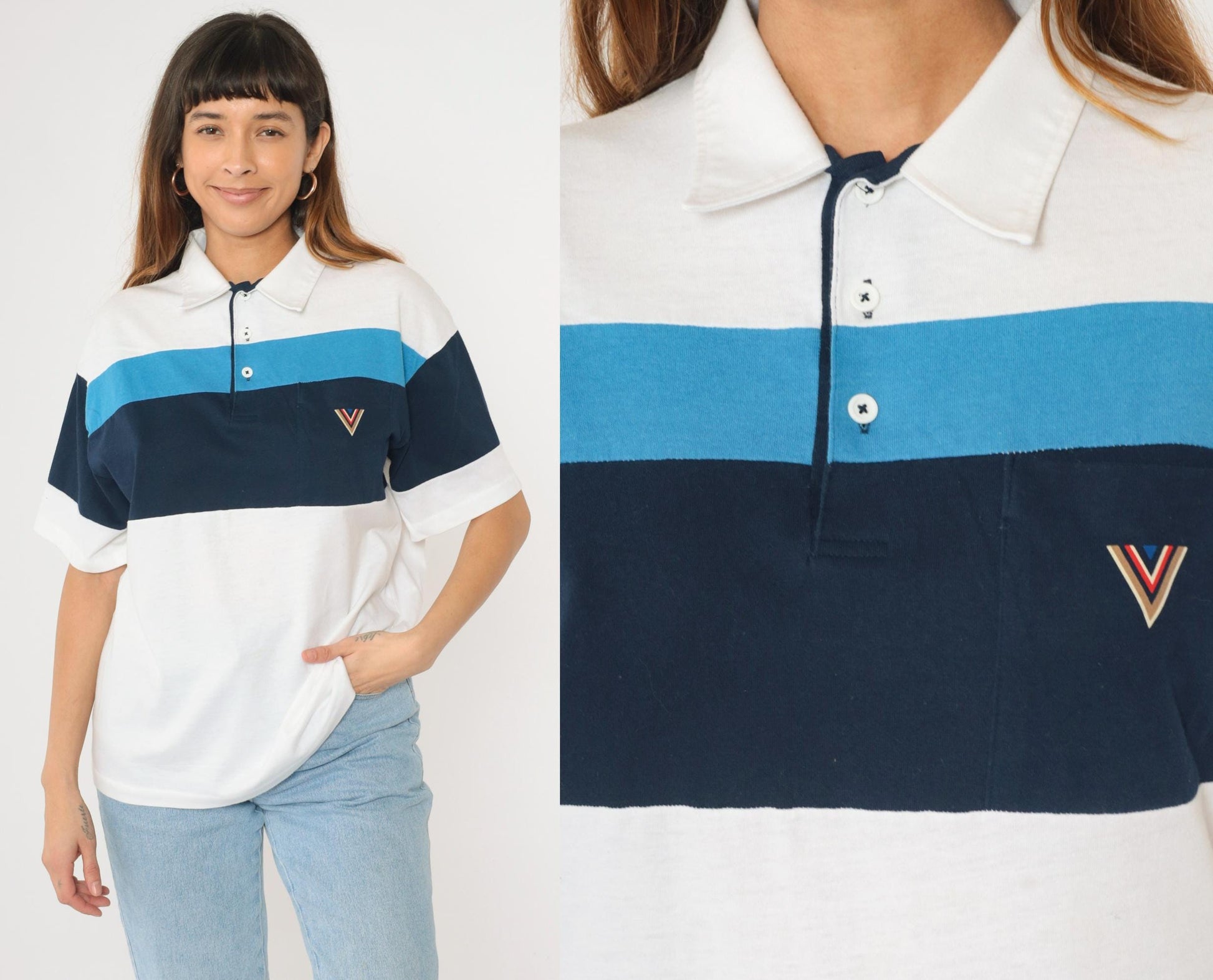 80s J. Blair Striped Polo Shirt White Navy Quarter Button Collared Large L