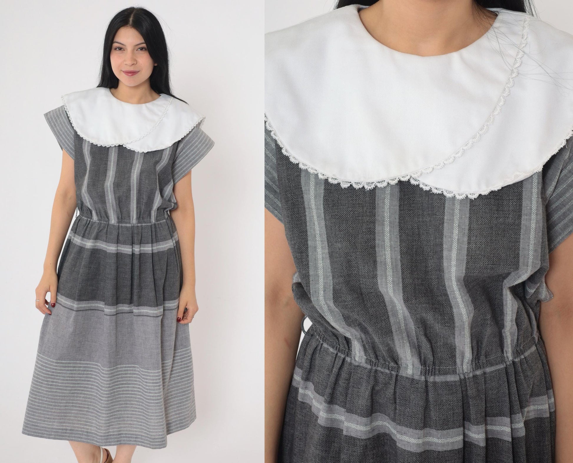 80s Grey Striped Midi Dress White Puritan Collar Cap Sleeve Elastic Waist Medium