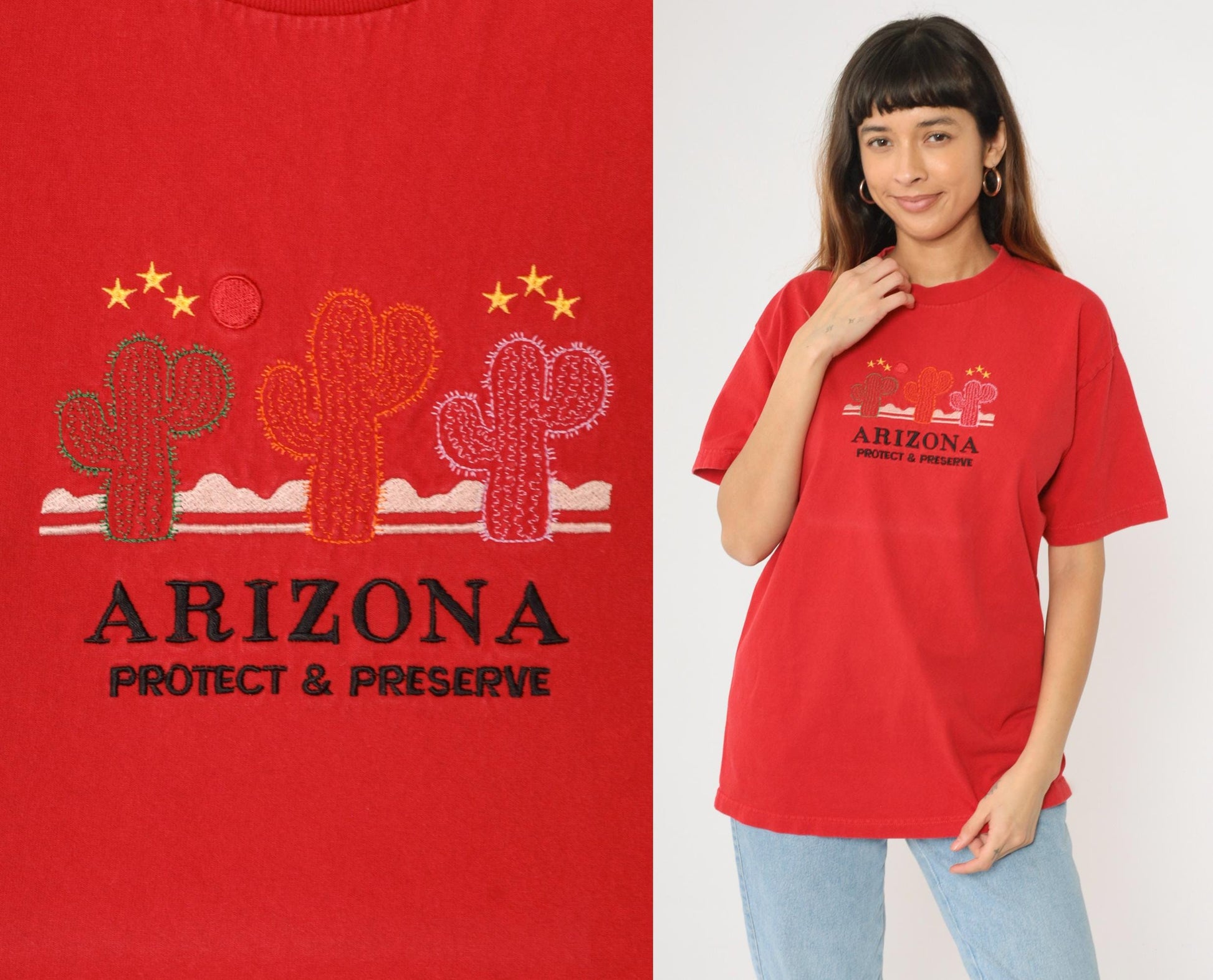 Y2K Arizona Cactus Embroidered T-Shirt Red Cotton Graphic Tee Large
