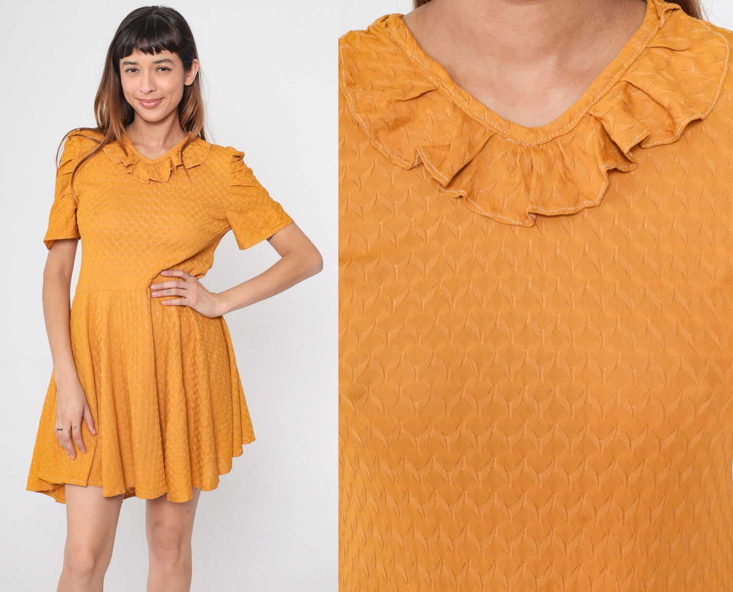 1960s Marigold Orange Mini Dress Puff Sleeves Ruffled Collar Textured Knit Small Medium