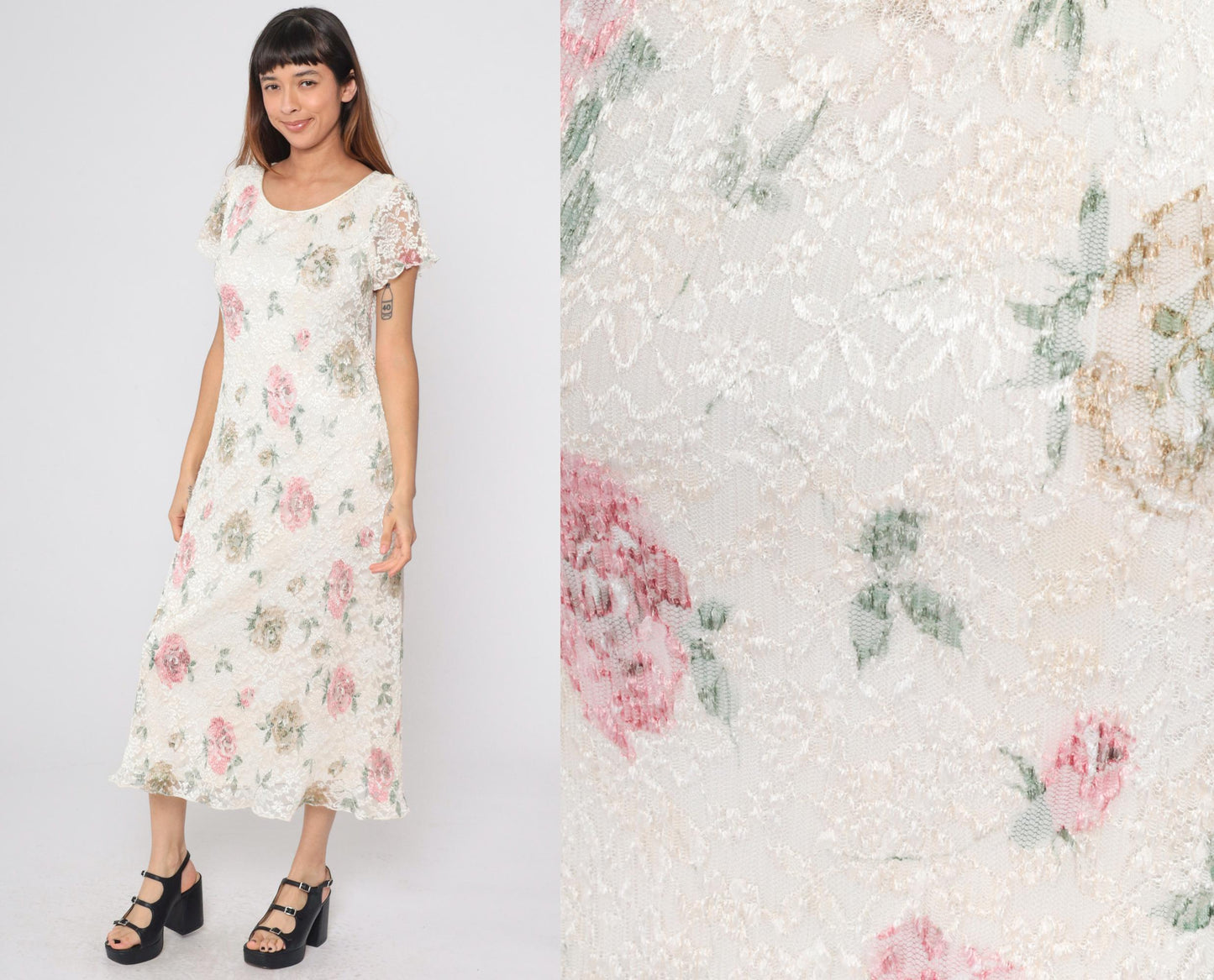 90s Ronni Nicole Petite Floral Lace Midi Dress Off-White Scoop Neck Medium