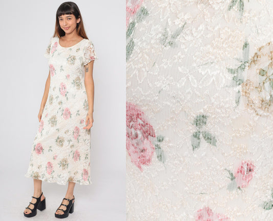 90s Ronni Nicole Petite Floral Lace Midi Dress Off-White Scoop Neck Medium