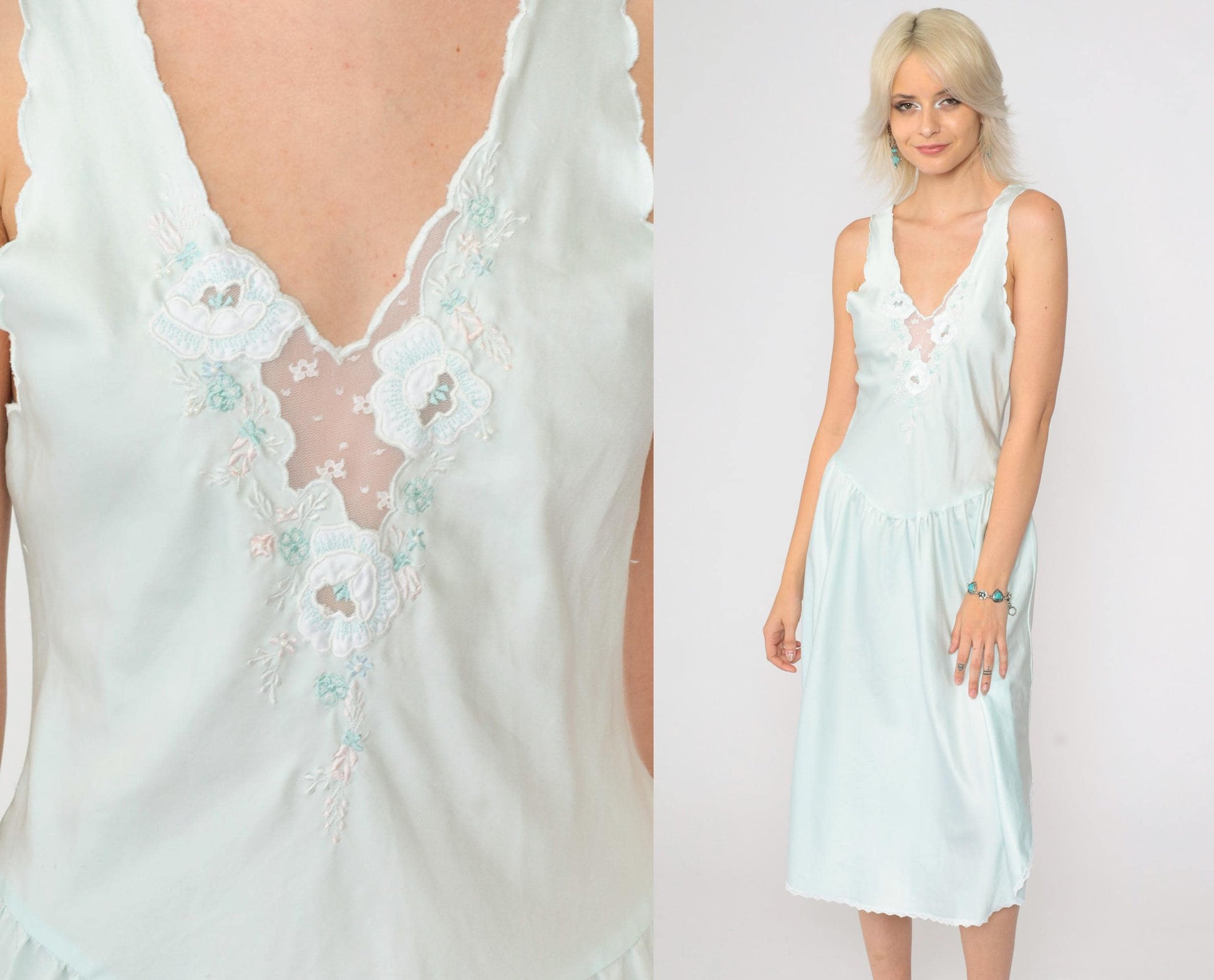 80s Baby Blue Satin Slip Dress Floral Embroidered Lace Midi Nightgown Extra Small