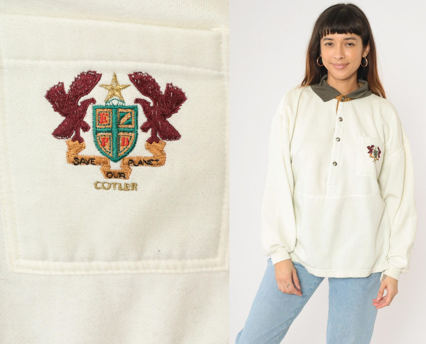 90s Cotler Collared Sweatshirt Embroidered Crest Cream Polo Extra Large XXL