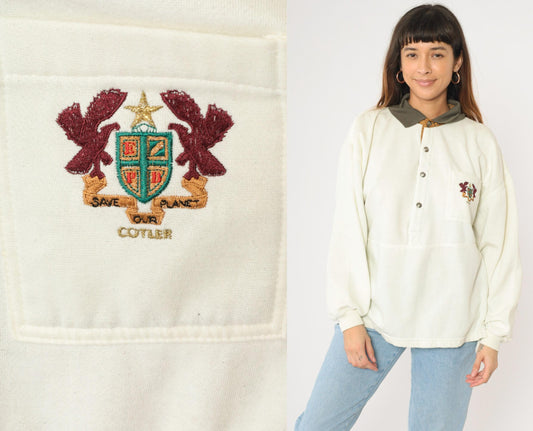 90s Cotler Collared Sweatshirt Embroidered Crest Cream Polo Extra Large XXL