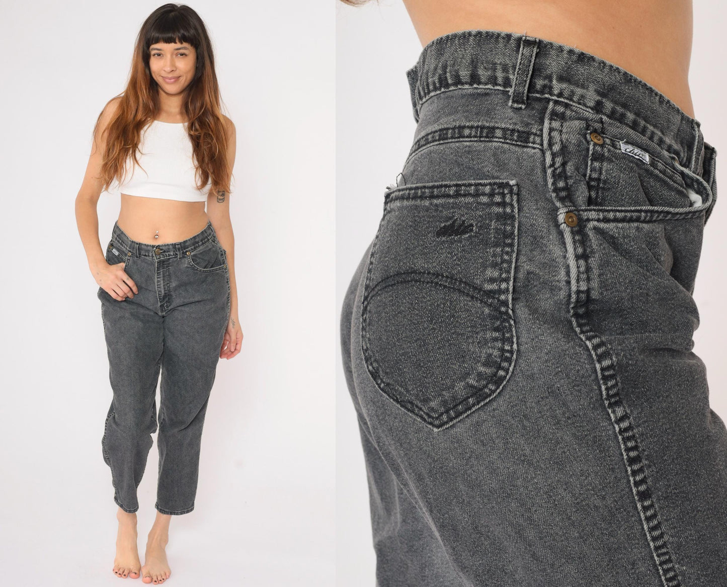 90s Chic High Waisted Tapered Jeans Faded Black Denim Large