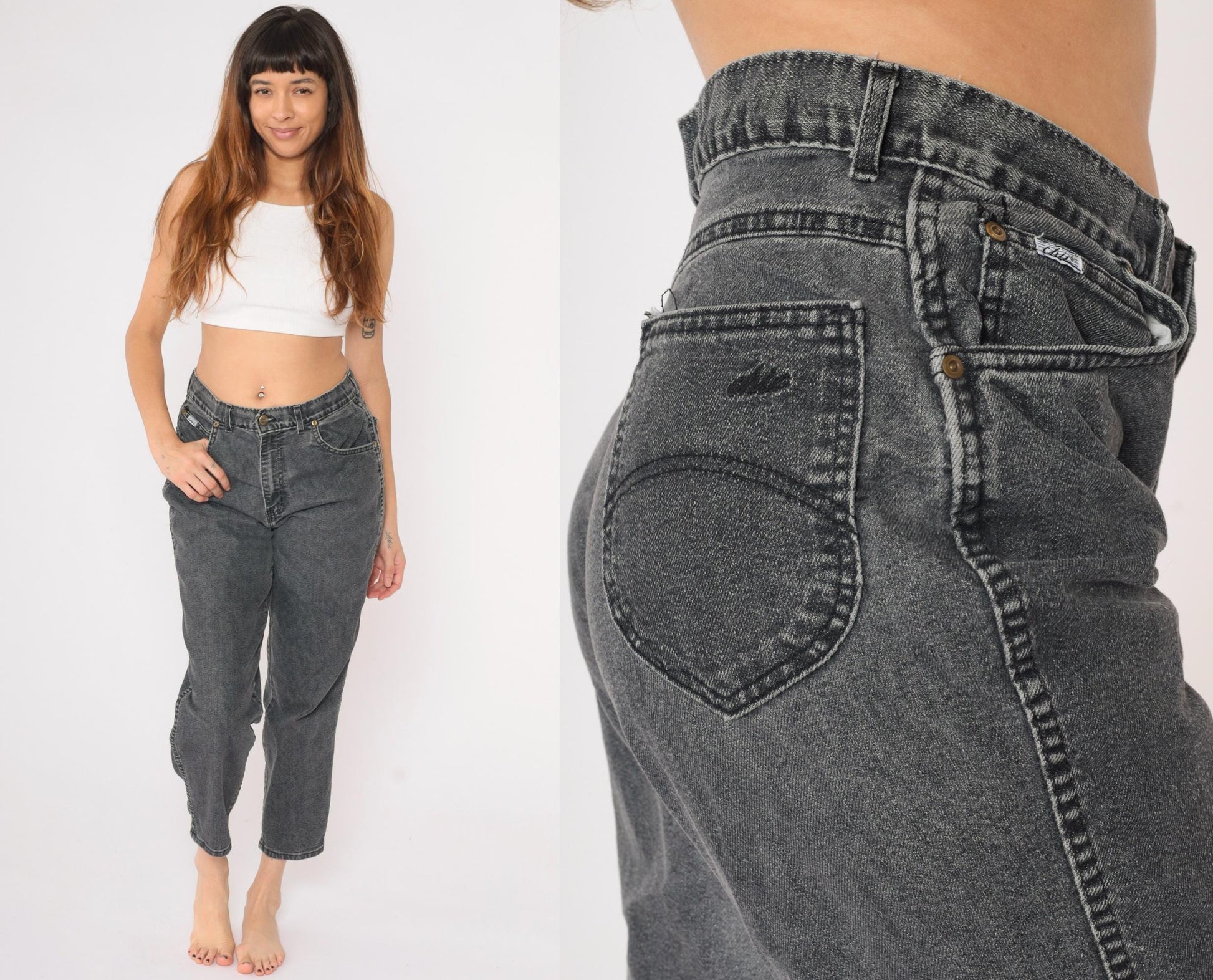90s Chic High Waisted Tapered Jeans Faded Black Denim Large