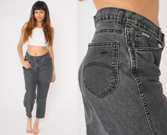 90s Chic High Waisted Tapered Jeans Faded Black Denim Large
