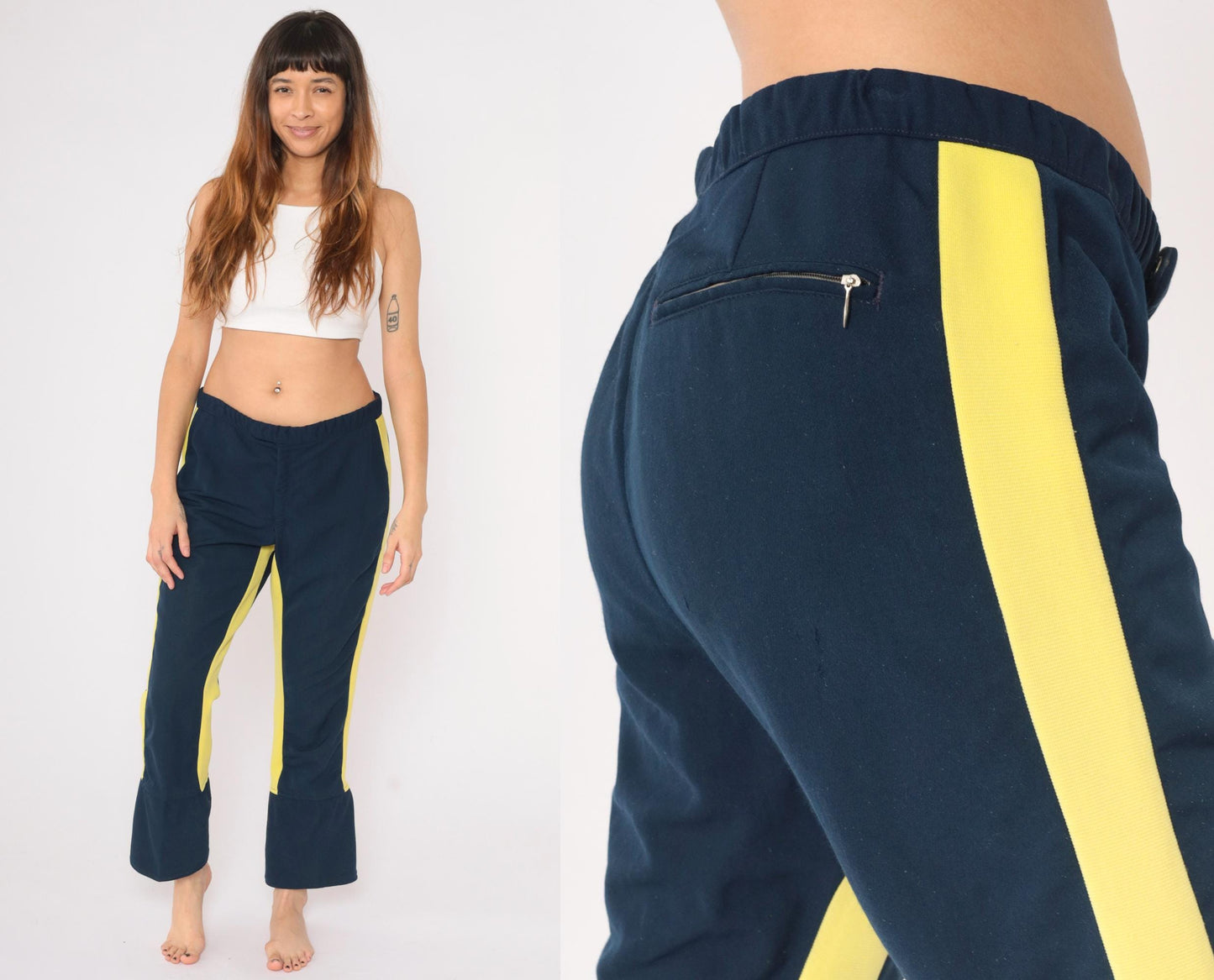 70s Roffe Ski Pants Navy Blue Yellow Striped Flared Snow Pants Medium
