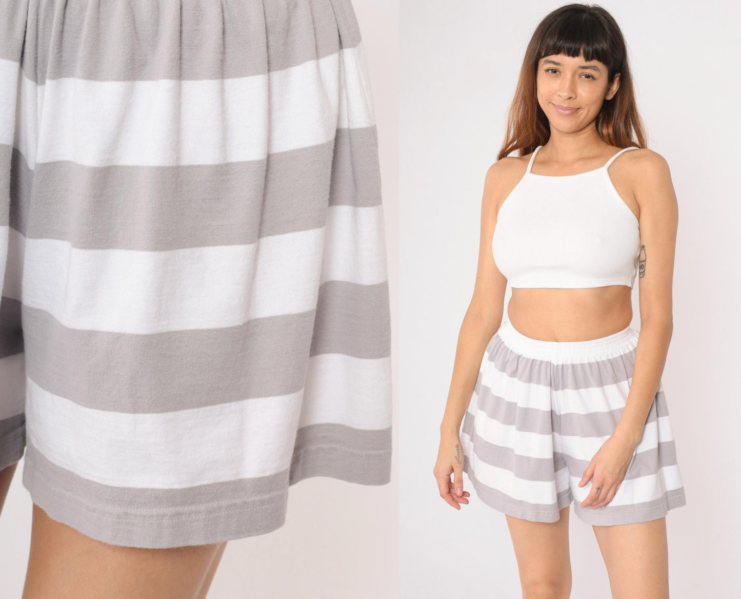 90s Liz Claiborne Striped Shorts Grey White Elastic Waist Cotton XS