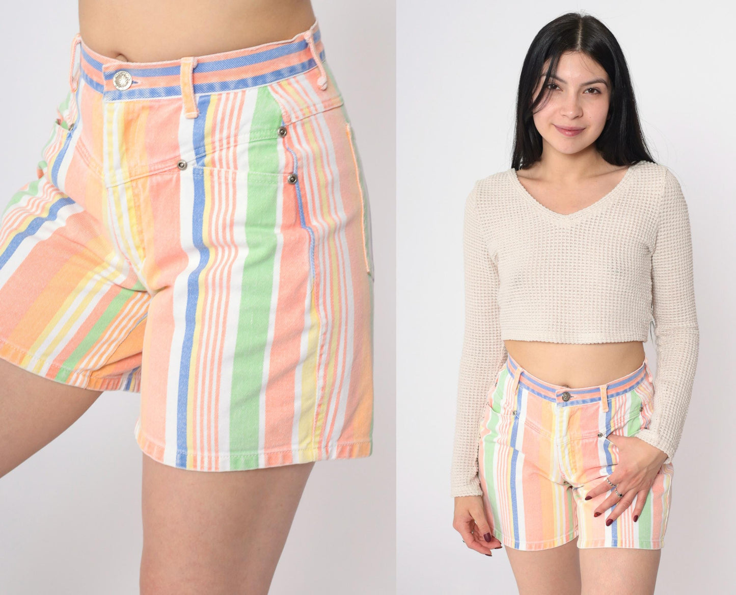 90s Good Fellows Rainbow Striped Denim Shorts High Waist Multicolor Extra Small