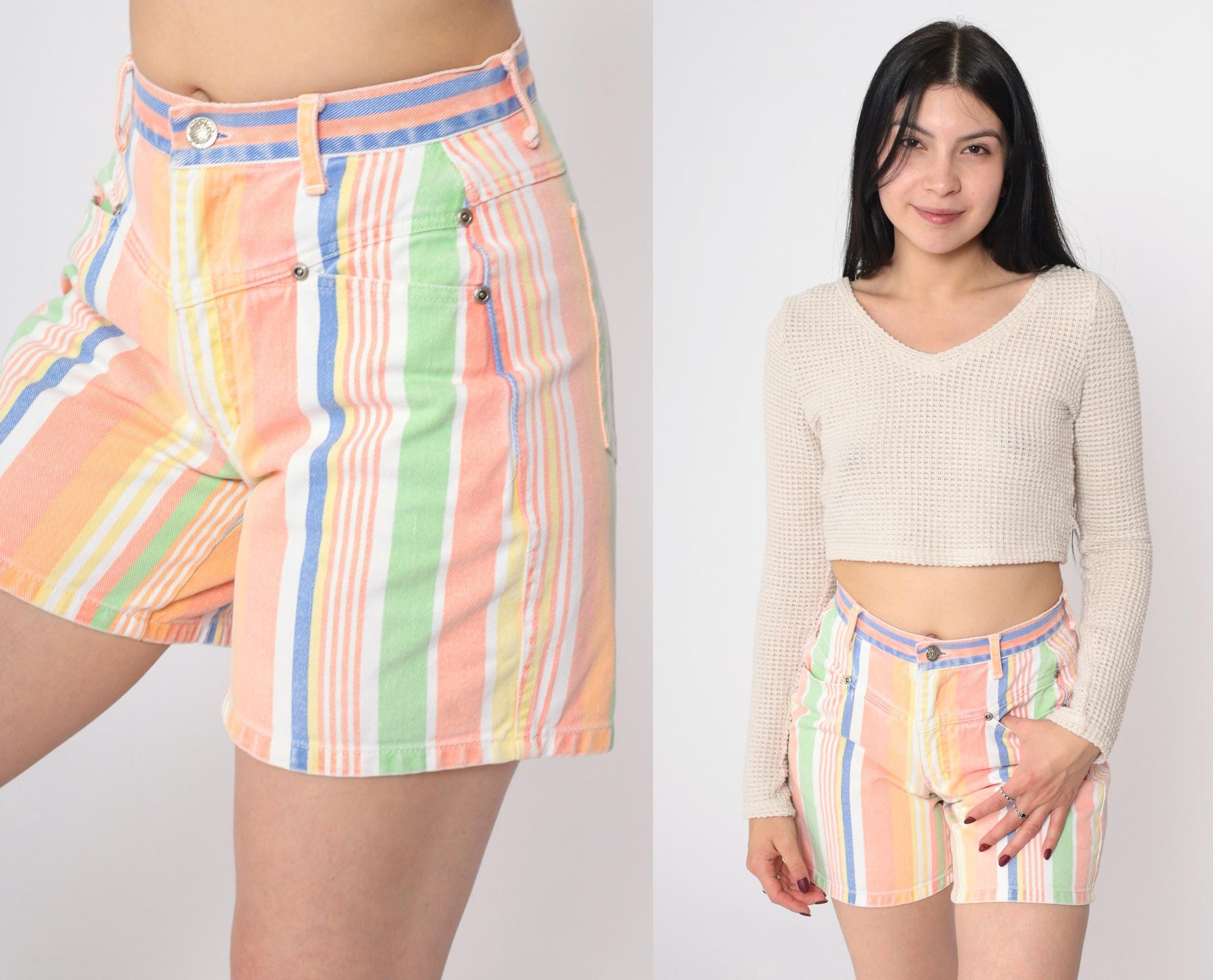 90s Good Fellows Rainbow Striped Denim Shorts High Waist Multicolor Extra Small