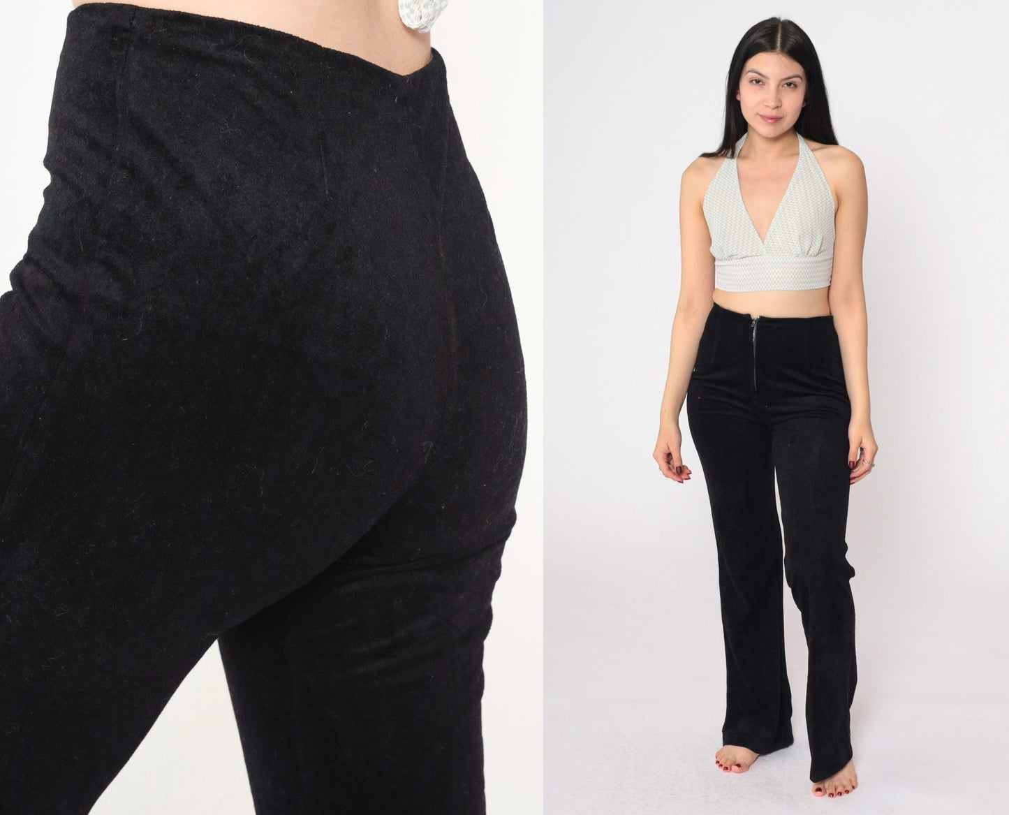 70s Black Velvet Bellbottoms High-Waisted Flared Trousers Small S