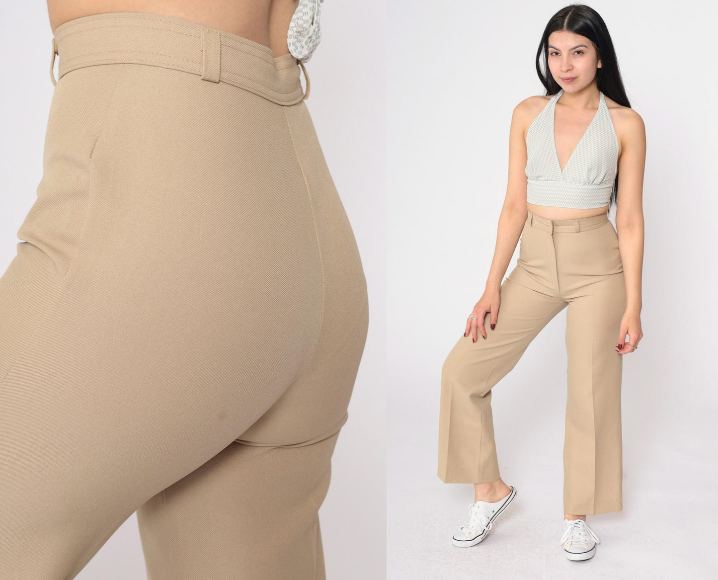 70s Tan Straight Leg High Rise Trousers Creased Vintage XS