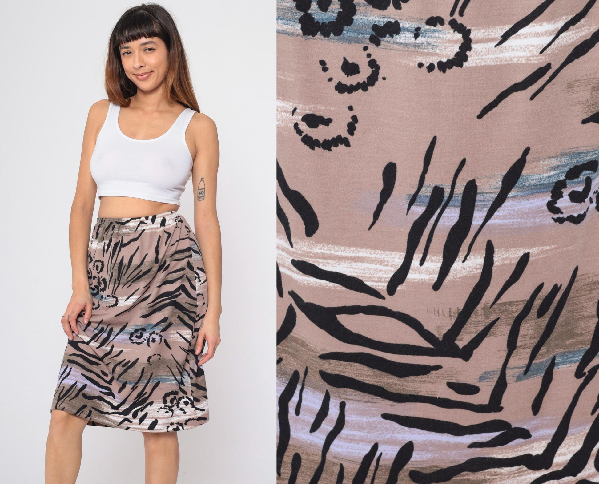 90s Abstract Floral Midi Skirt High Waist Tropical Leaf Print Taupe Small