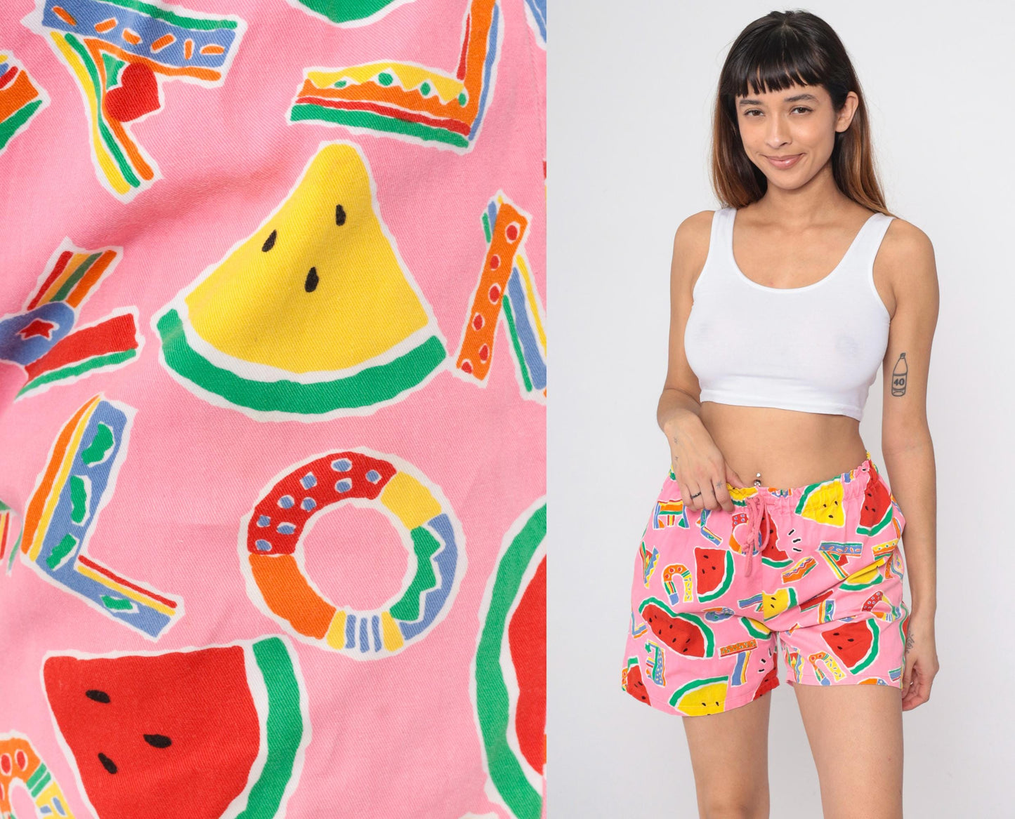 90s Tropical Watermelon Alphabet Print Shorts Pink Drawstring Small Medium