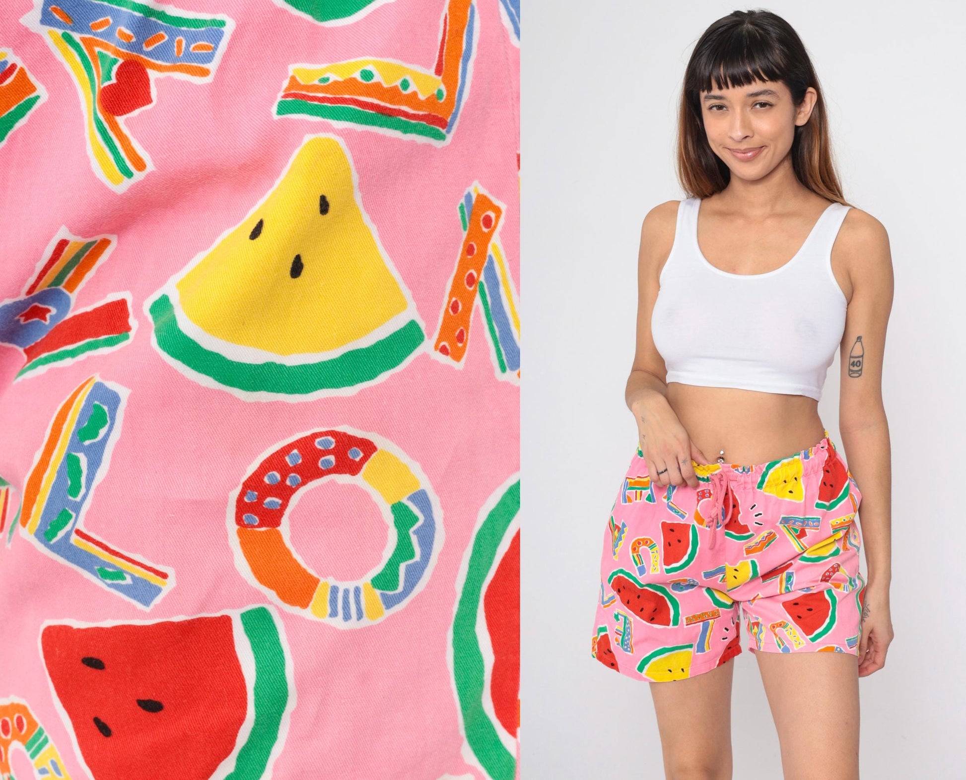 90s Tropical Watermelon Alphabet Print Shorts Pink Drawstring Small Medium
