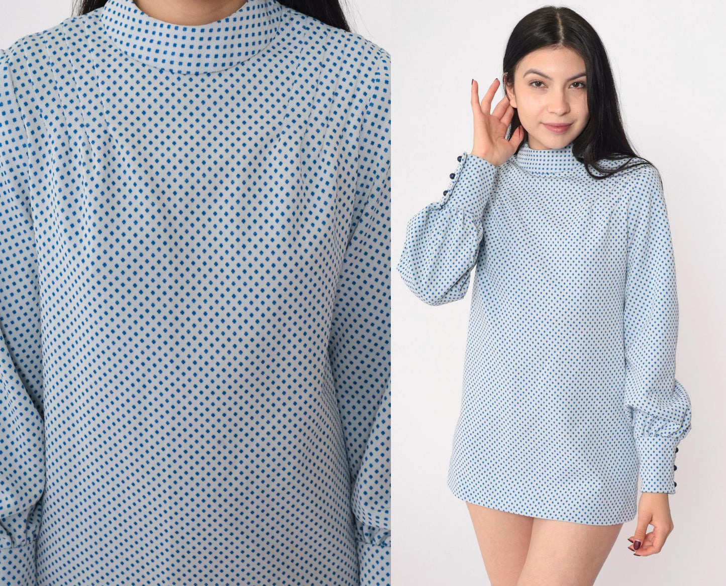 60s Mod Blouse White Blue Polka Dot Mock Neck Long Sleeve Small