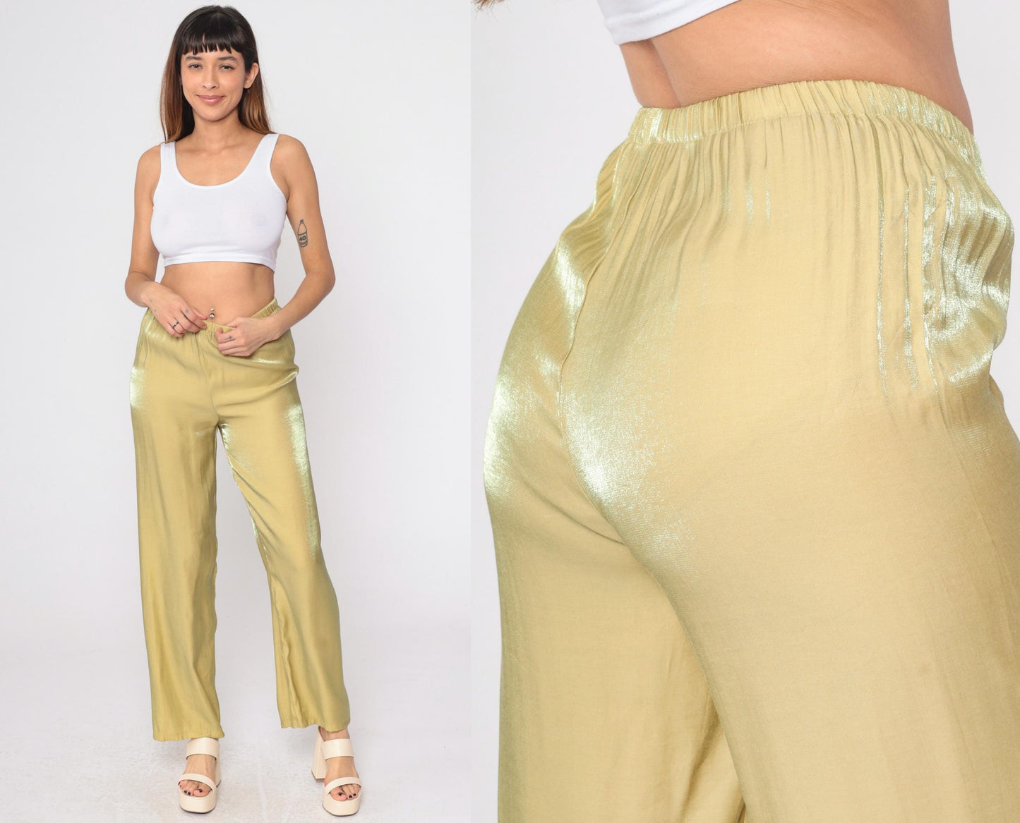 90s Iridescent Gold Metallic Straight Leg Trousers High Waist Small XS