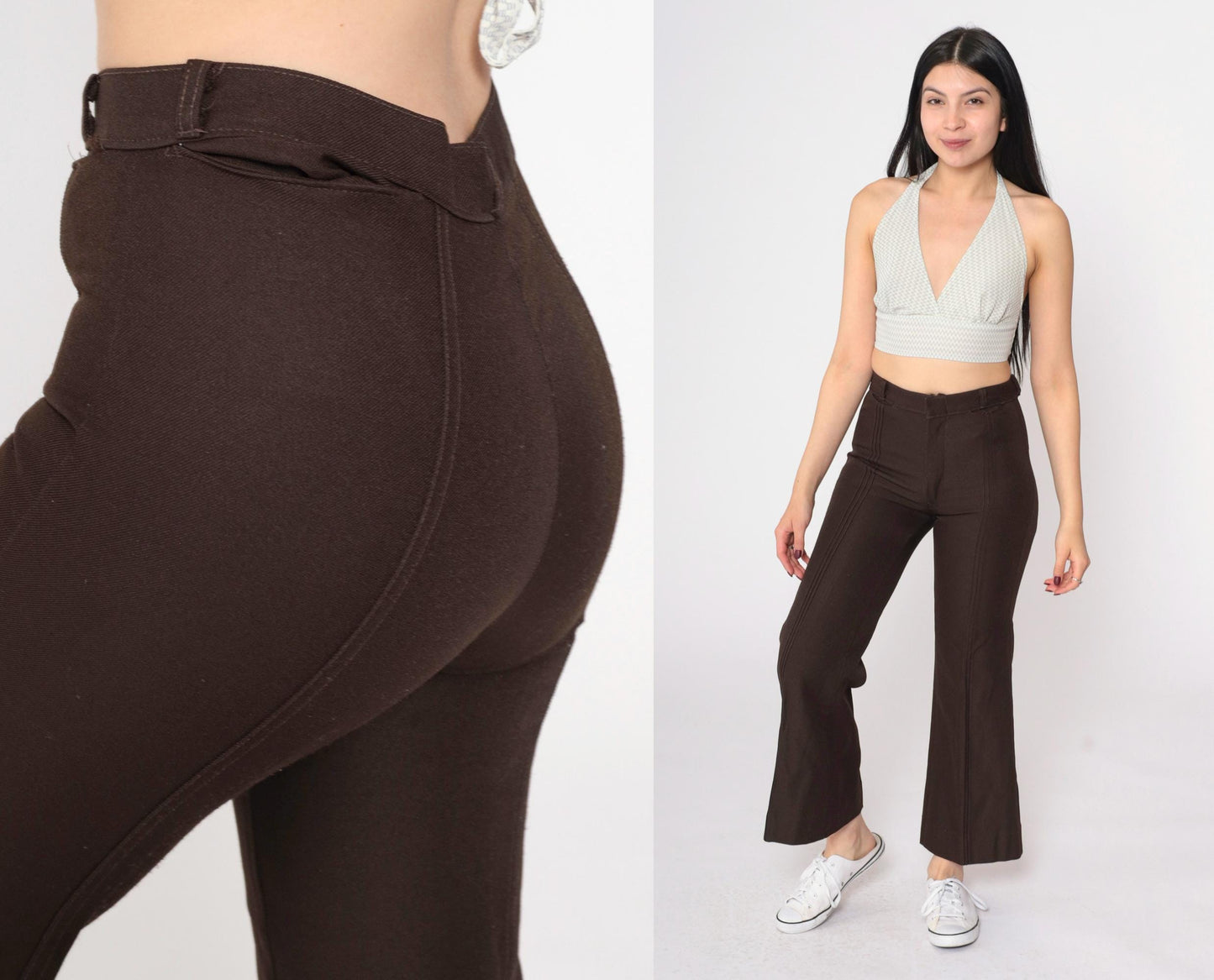 70s Dark Brown Bell Bottom Pants Pintuck Pleated Mid Rise Extra Small