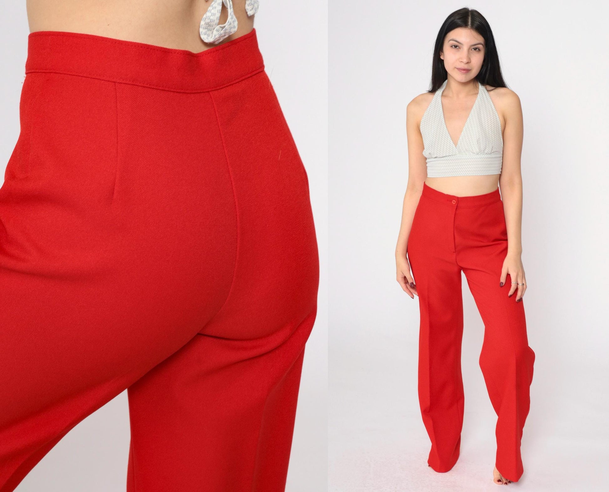 70s Red Straight Leg High Rise Trousers Polyester Vintage Medium