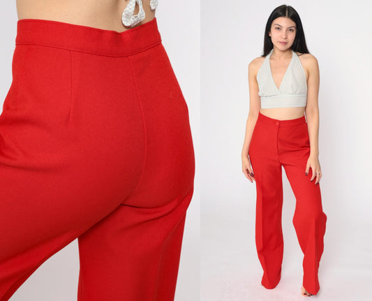 70s Red Straight Leg High Rise Trousers Polyester Vintage Medium