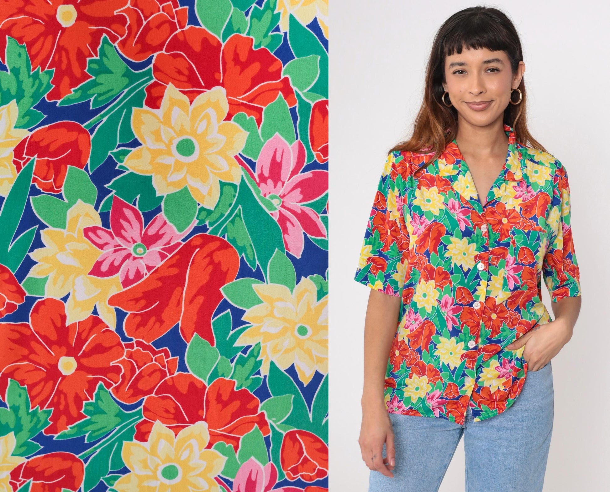 90s Floral Button-Up Blouse Multicolor Flower Print Short Sleeve Medium