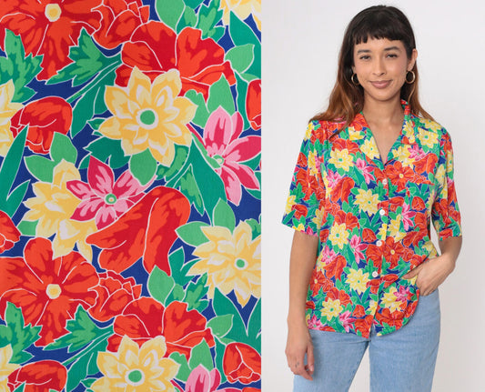 90s Floral Button-Up Blouse Multicolor Flower Print Short Sleeve Medium