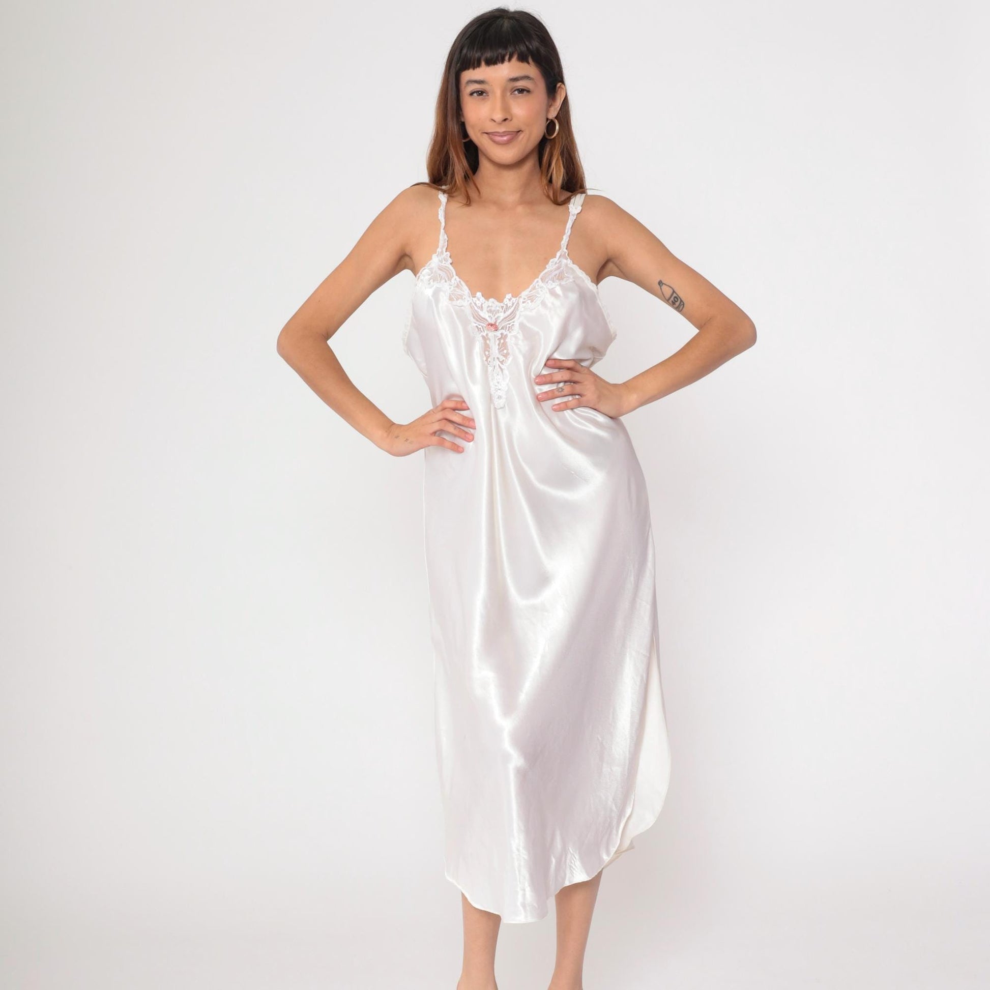 90s White Satin Slip Dress Midi Lace Trim Criss-Cross Back Large