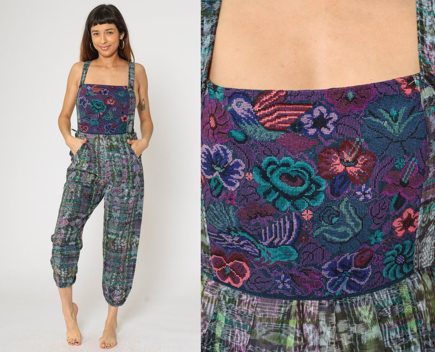 90s Guatemalan Patchwork Jumpsuit Floral Bird Print Square Neck Open Sides Large