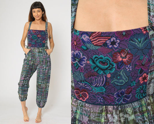 90s Guatemalan Patchwork Jumpsuit Floral Bird Print Square Neck Open Sides Large