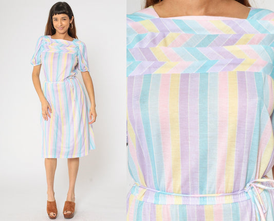 80s Pastel Striped Midi Dress Puff Sleeve Elastic Waist Small Medium