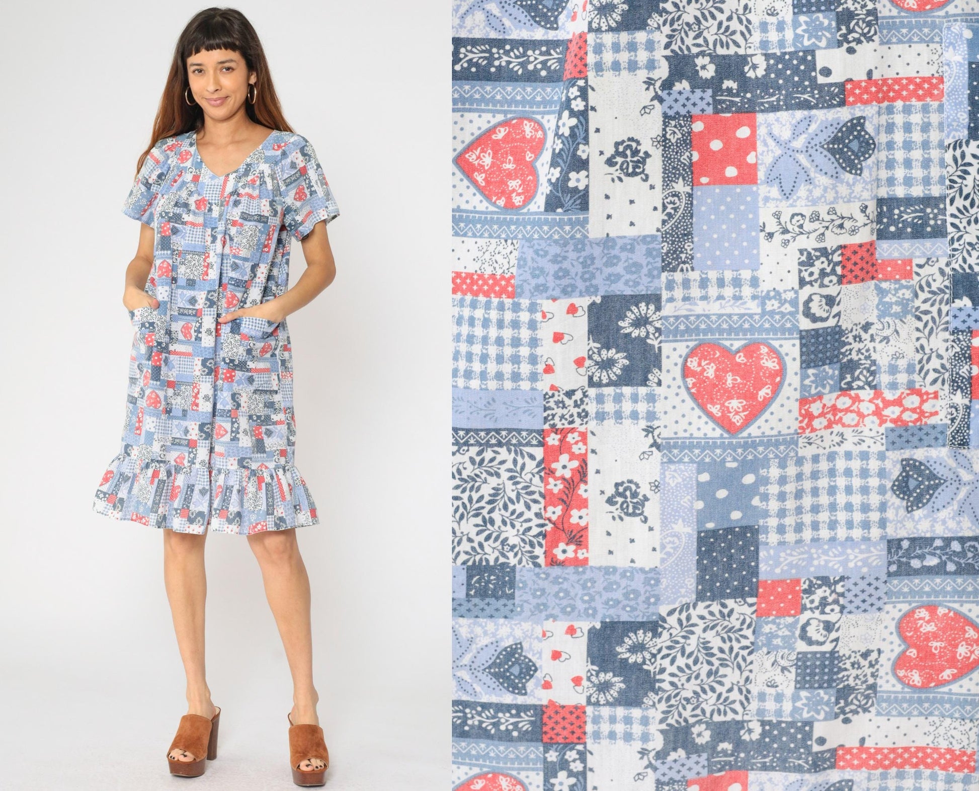 80s Patchwork Floral Heart Print Midi Dress Red White Blue V-Neck Large