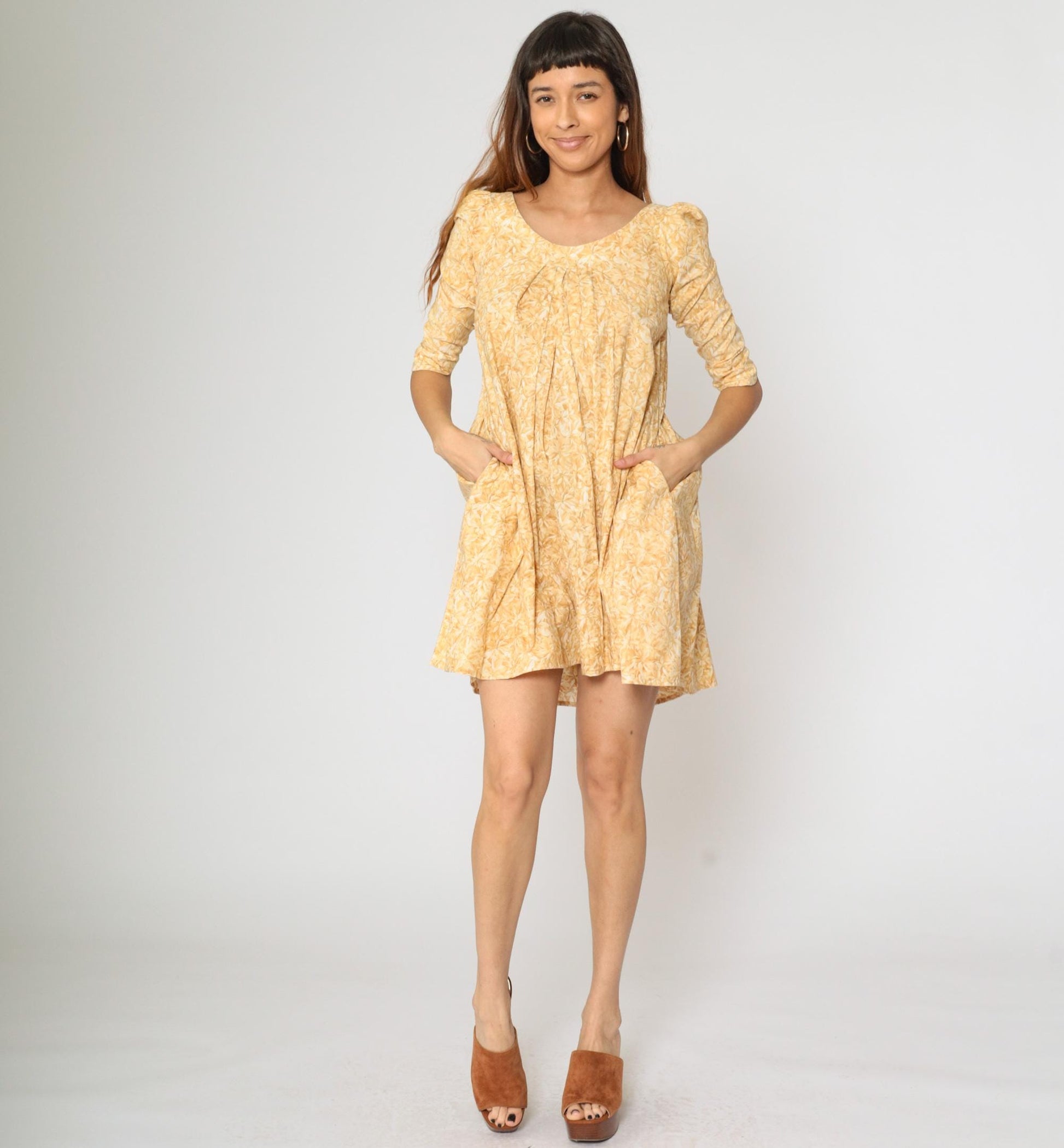 90s Hilo Hattie Hawaiian Yellow Floral Mini Dress Puff Sleeve A-Line Extra Small