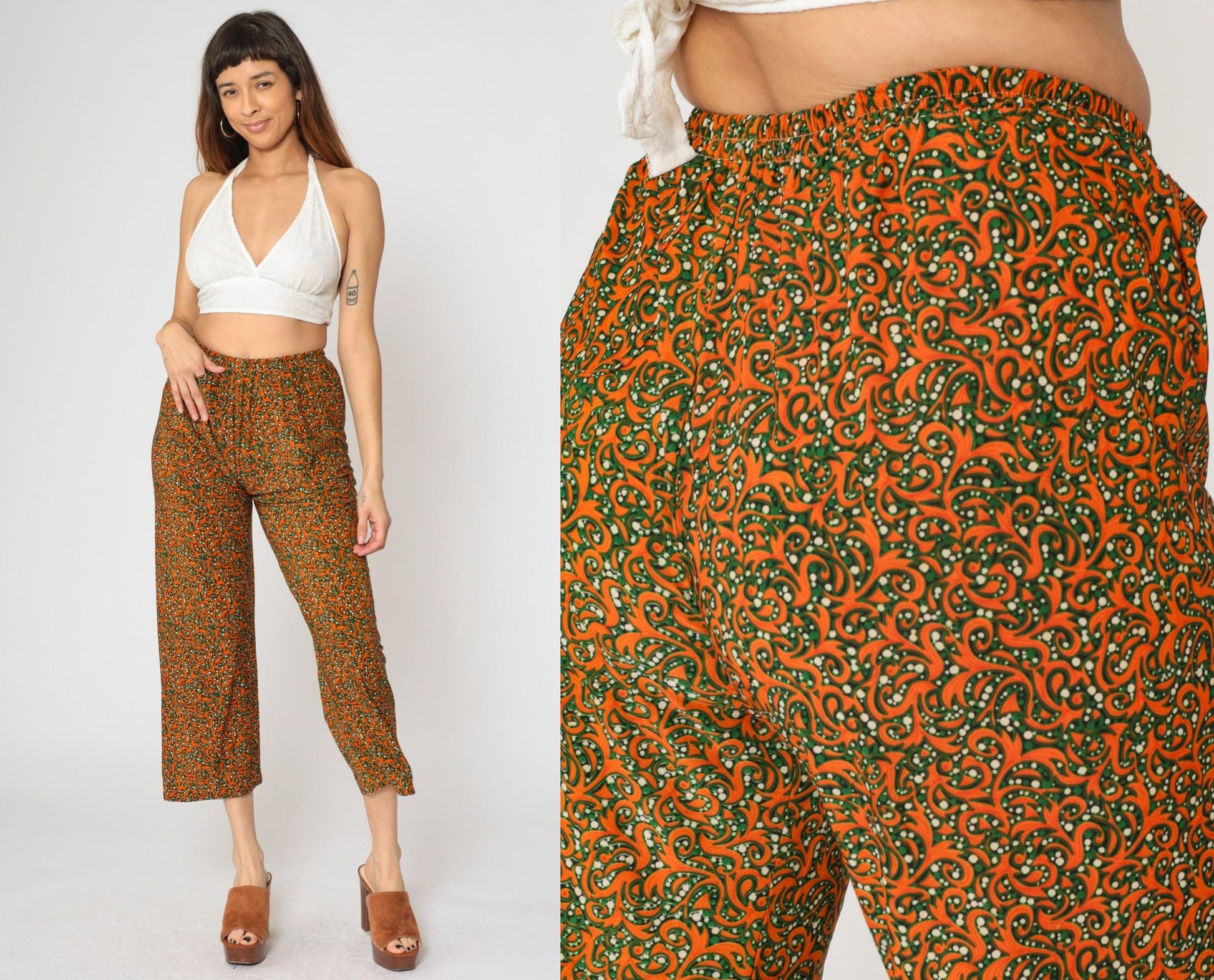 Y2K Orange Green Baroque Swirl Wide Leg Cropped Trousers Extra Small XS