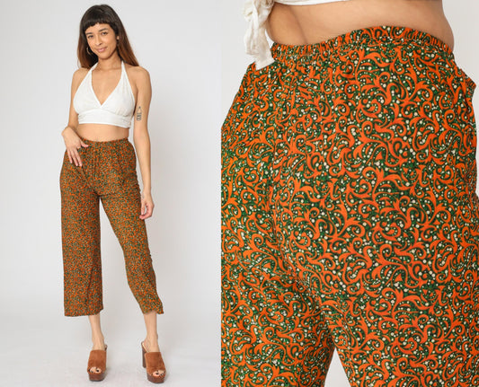 Y2K Orange Green Baroque Swirl Wide Leg Cropped Trousers Extra Small XS