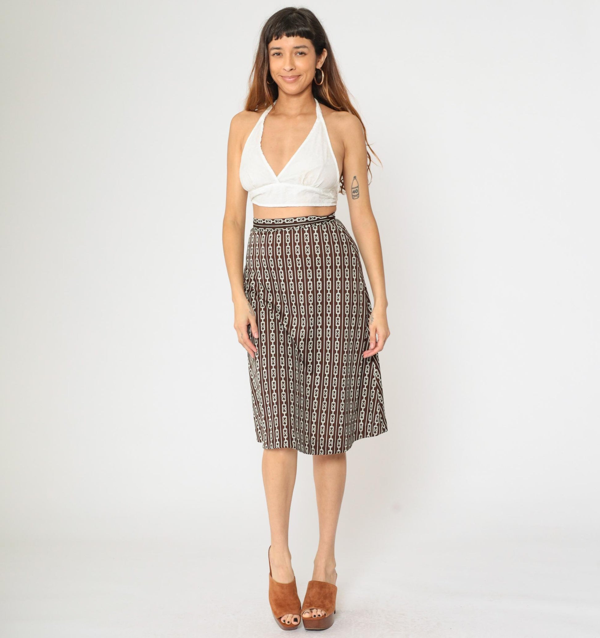 60s Brown Chain Print Midi Skirt A-Line High Waist Flared Small