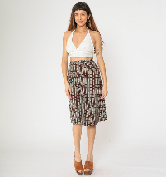 60s Brown Chain Print Midi Skirt A-Line High Waist Flared Small