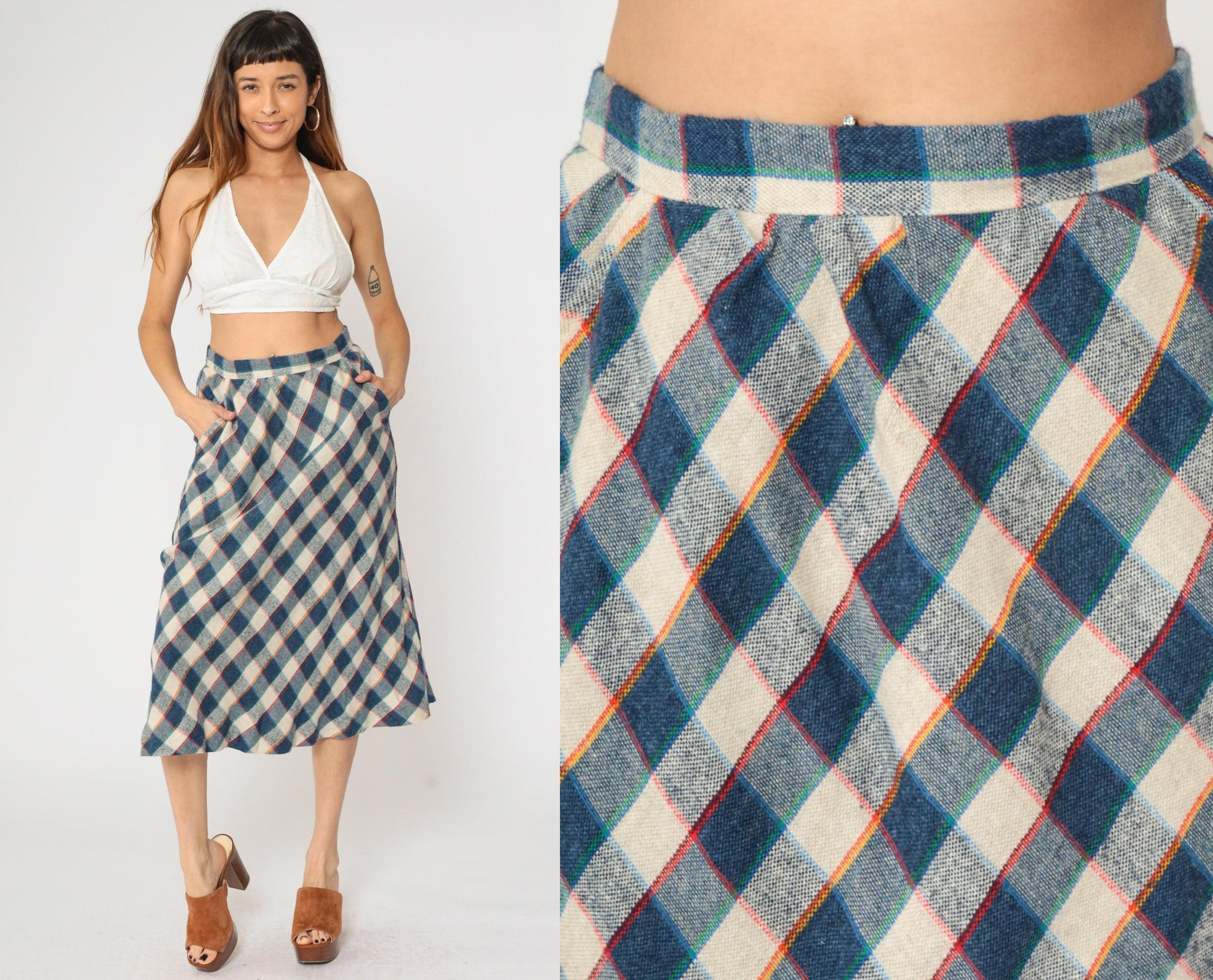 80s Blue Cream Checkered Skirt High Waist Knee Length Medium