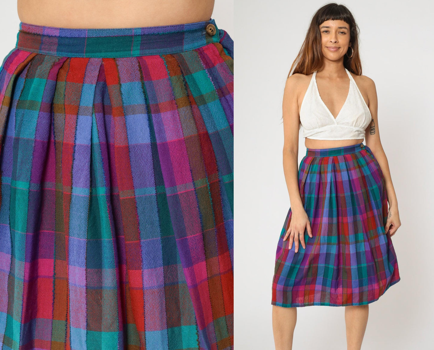 80s John Meyer Checkered Wool Midi Skirt High Waist Pleated Purple Blue Extra Small