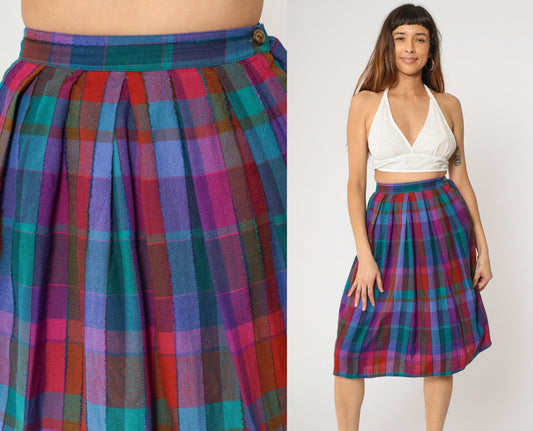 80s John Meyer Checkered Wool Midi Skirt High Waist Pleated Purple Blue Extra Small