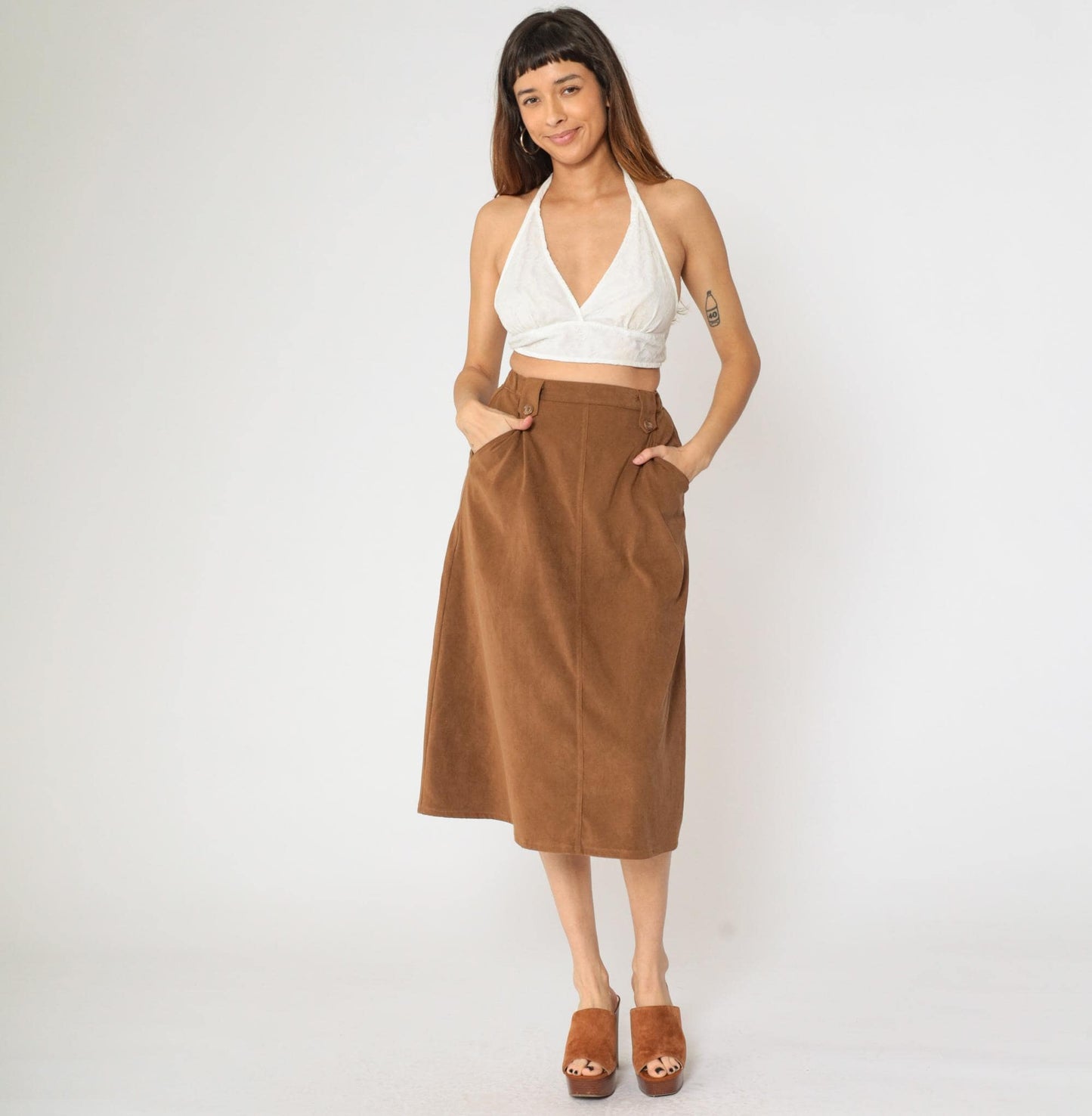 90s Brown A-Line Midi Skirt High Waisted Pockets Small 4P